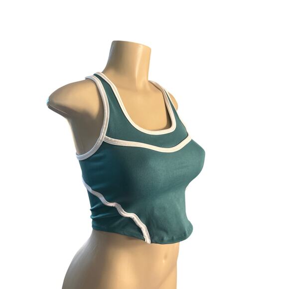 Women S M Free People FP Movement Cross Bar Cami Green White Crop Tank Top - Picture 1 of 6